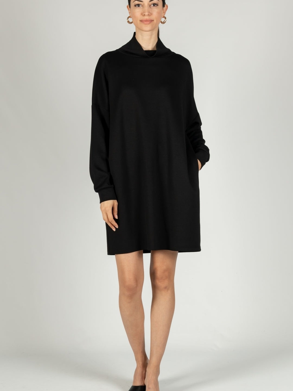 Relaxed Black Mini Dress with Funnel Neck